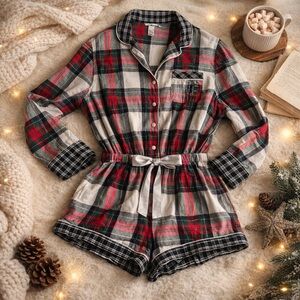 Victoria’s Secret Plaid Flannel Romper Pajamas Tie Waist Long Sleeve Size M